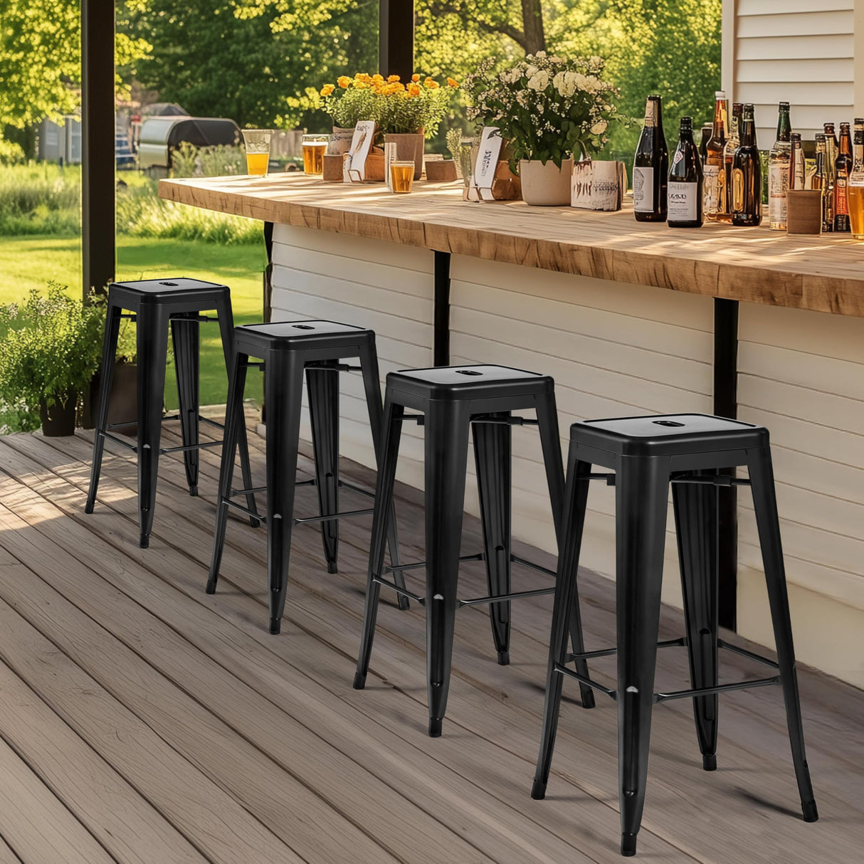 Yaheetech 30 Inch Metal Bar Stools Set of 4, Bar Height Backless Bartools, Industrial Stackable Bar Chairs with Footrest for Kitchen/Dining Room/Bistro/Patio, Black Yaheetech