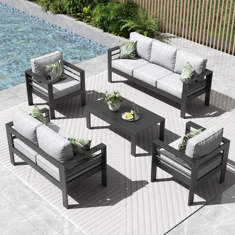 Vakollia 5 Pieces Modern Aluminum Patio Furniture Set, Outdoor Conversation Sets Metal Sectional Sofa with Coffee Table Vakollia