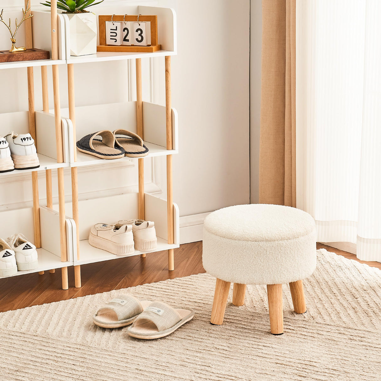 Poofzy Small Ottoman with Storage, Small Foot Stool Ottoman with Wood Legs, Sherpa Foot Rest for Couch, Living Room and Bedroom - White Poofzy