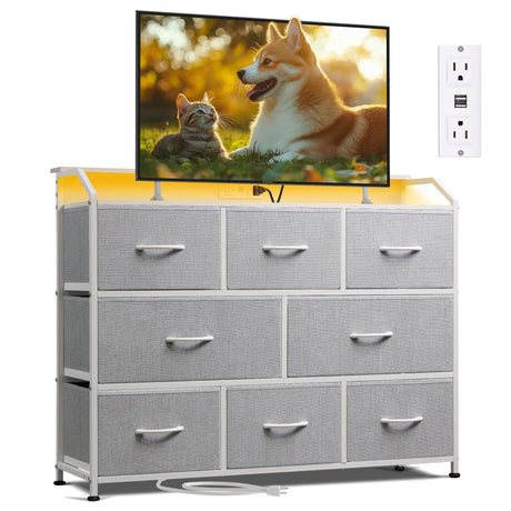 WLIVE Dresser TV Stand with Power Outlets, Led Dresser for Bedroom, Fabric Chest of Drawers with Open Shelves, Wood Top, Steel Frame, 6 Drawer Dressers for Closet, Living Room, Light Grey WLIVE