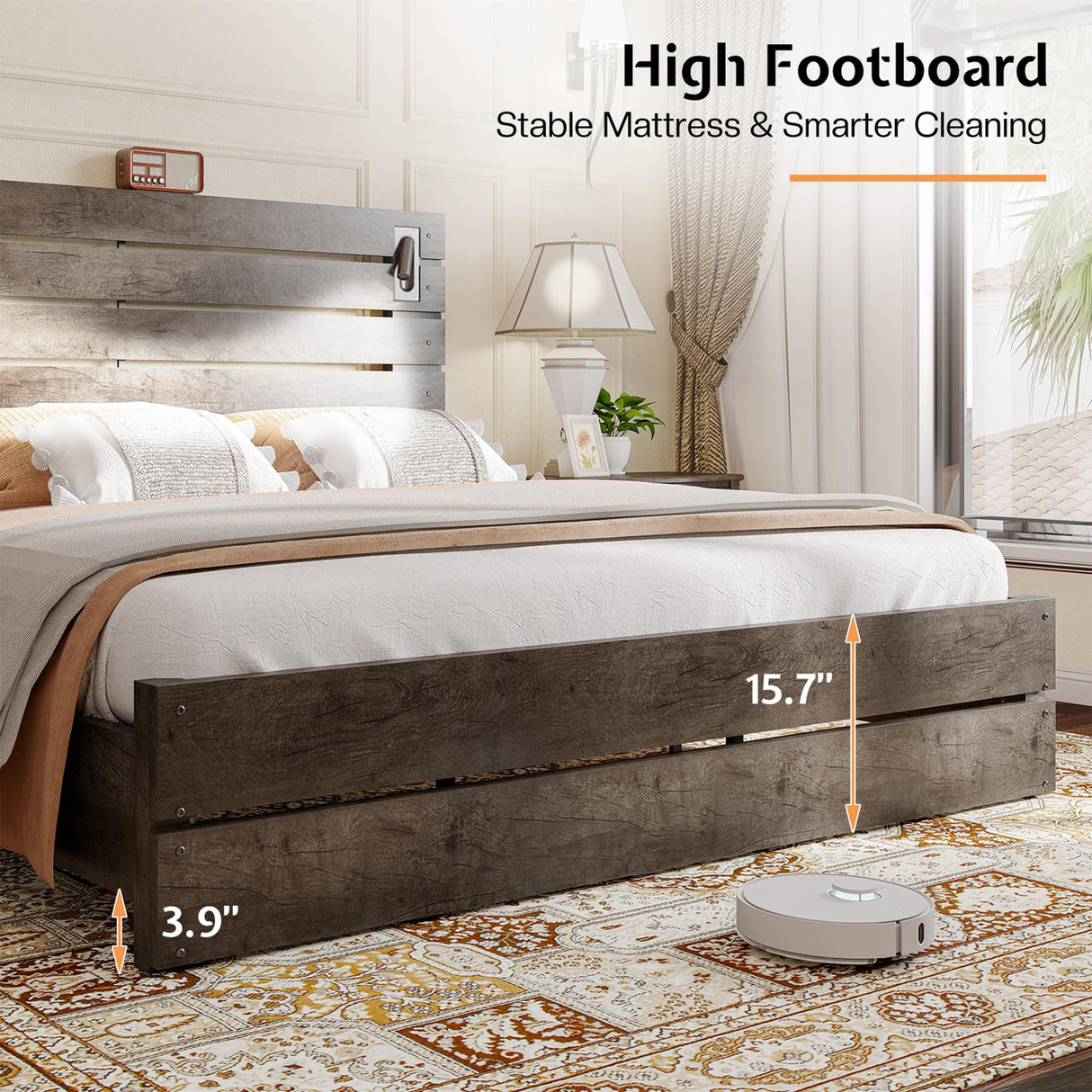 Jocisland King Size Farmhouse Bed Frame, 51" Headboard, LED Reading Lights, Rustic Wood Look, No Box Spring Needed, Rustic Gray Jocisland