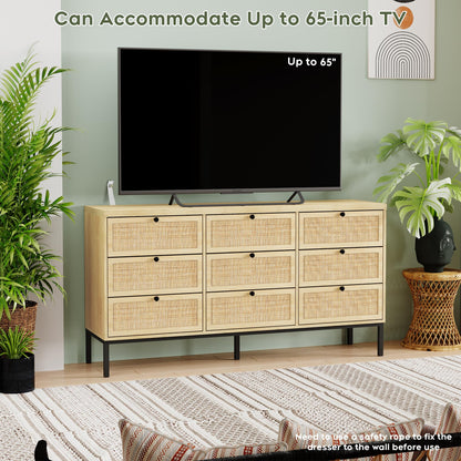 Yechen Natural Rattan 9 Drawer Dresser, 59" Wide Light Wood Chest of Drawers, Large Boho Oak Dressers with Smooth Metal Slides, Mid-century Dresser TV Stand Drawer Organizer for Bedroom Nursery Closet