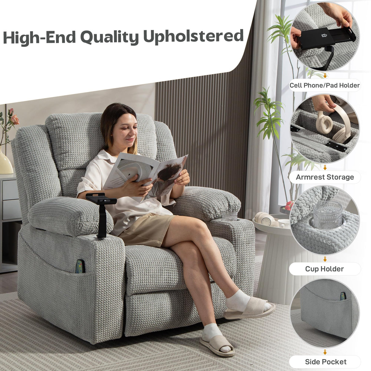 SINCRUMI Power Oversized Swivel Rocker Recliner with Dual Motor Adjustable Headrest for Adults, Glider Rocking Chair with Vibration and Heat, USB A&C Ports, Armrest Storage, Cup Holder, Light Grey SINCRUMI