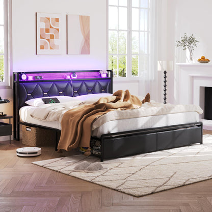 Ailisite King Size Upholstered Bed Frame with LED Headboard, Storage Drawers & Charging Station - WoodArtSupply