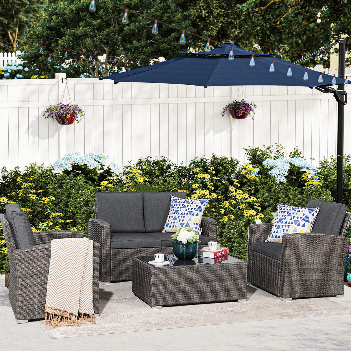 JOIVI Patio Furniture Set, All-Weather Outdoor U-Shaped Patio Conversation Set, 4 Piece PE Rattan Wicker Small Sectional Patio Sofa Set with Tempered Glass Coffee Table, Dark Gray JOIVI