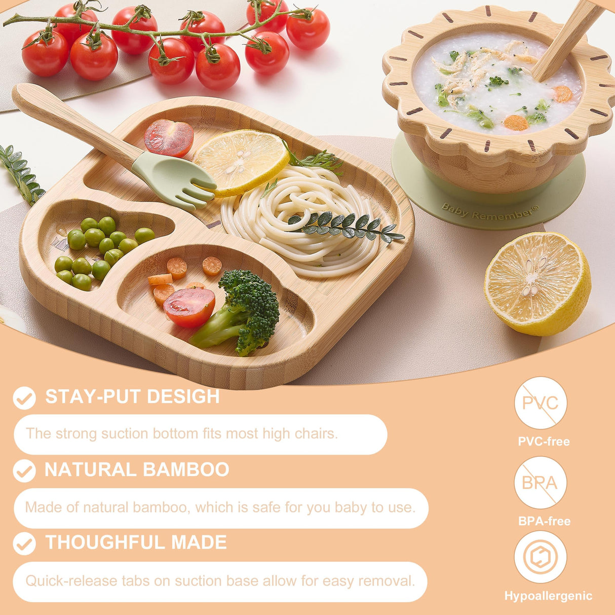 BABY REMEMBER Suction Plates Bowls Set for Baby Toddler Non-Toxic Bamboo Feeding Set with Silicone Fork & Spoon (Green Feeding Set) BABY REMEMBER