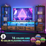 DWVO Entertainment Center with Bookshelves, LED TV Stand for 65/60 inch TV, Retro TV Stand for Living Room with 2 Industrial 4-Tier Bookshelves & Power Outlets,Rustic Brown DWVO