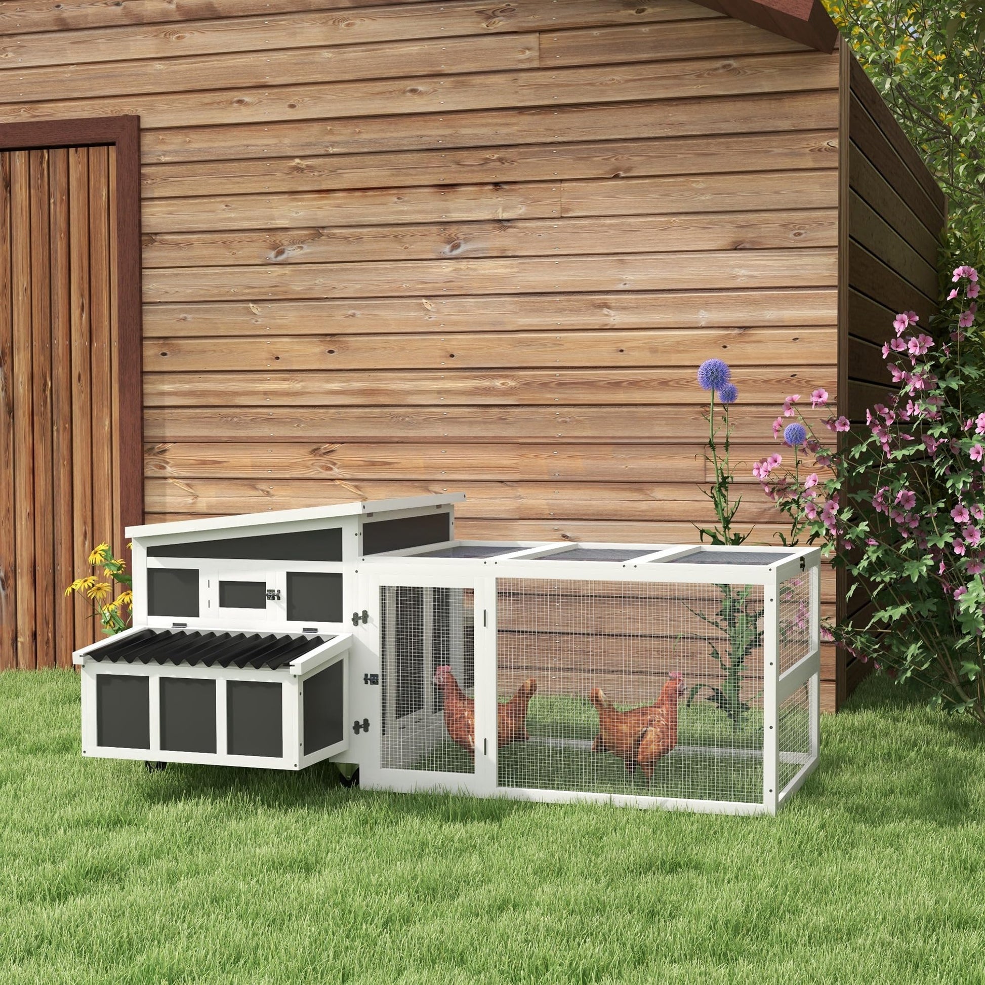 PawHut Wooden Chicken Coop with Nesting Box, Outdoor Poultry Cage or Rabbit Hutch for 6 Chickens with Pull Out Tray, Run, Perches, Ramp, Windows for Duck, Hen, Small Animals, Dark Gray - WoodArtSupply