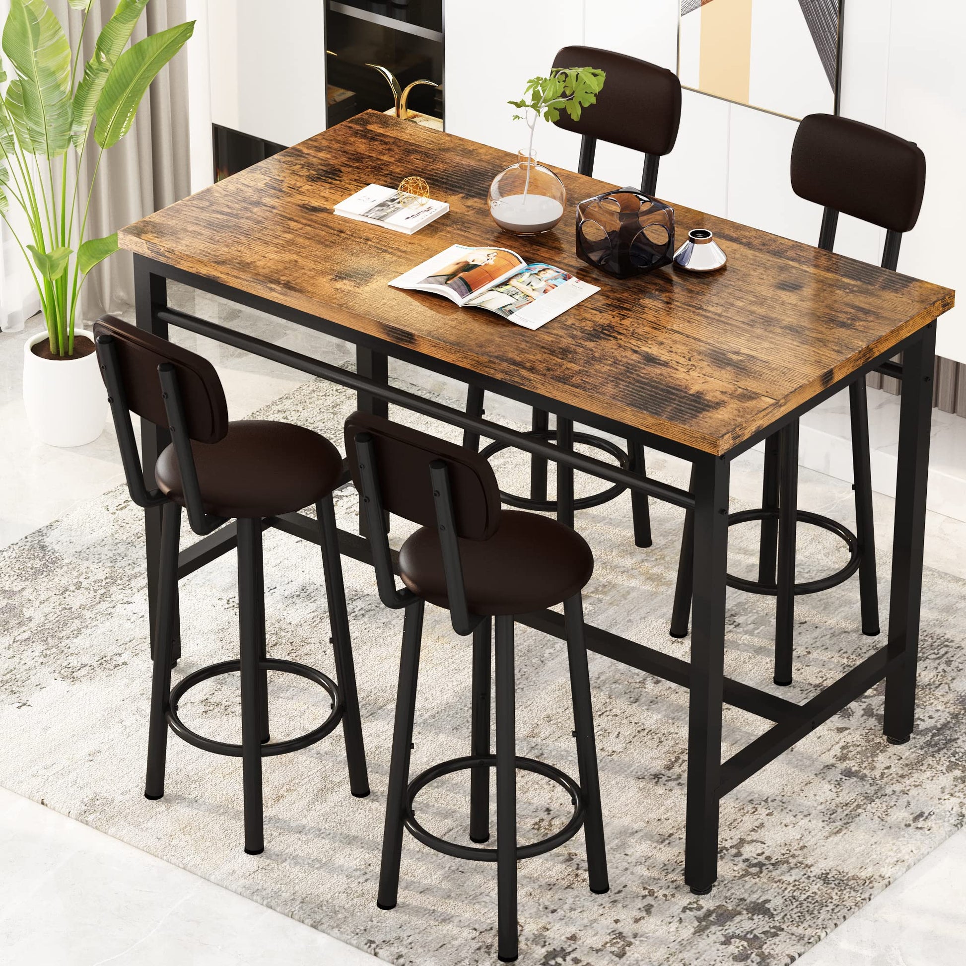 Lamerge Industrial Wood Bar Table Set with 4 Ergonomic Chairs - Space-Saving Kitchen Dining Furniture - WoodArtSupply