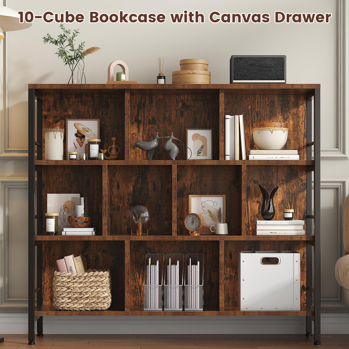 Winkalon Bookshelf, 10 Cube Bookshelf with Canvas Drawer, 3 Tier Wide Bookcase with Adjustable Legs, Metal Bookshelf with Open Stoage for Bedroom, Living Room, Office Winkalon