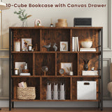 Winkalon Bookshelf, 10 Cube Bookshelf with Canvas Drawer, 3 Tier Wide Bookcase with Adjustable Legs, Metal Bookshelf with Open Stoage for Bedroom, Living Room, Office Winkalon