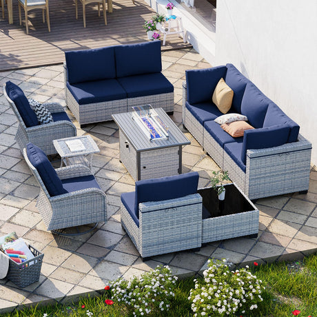 11-Piece Patio Furniture Set, Outdoor Patio Furniture with Fire Pit Table, Swivel Chairs Set, Thick Cushions, Modular Patio Sofa, Dual-Strand Wicker Rattan, Rust-Resistant Frame, Navy Blue Sweecci