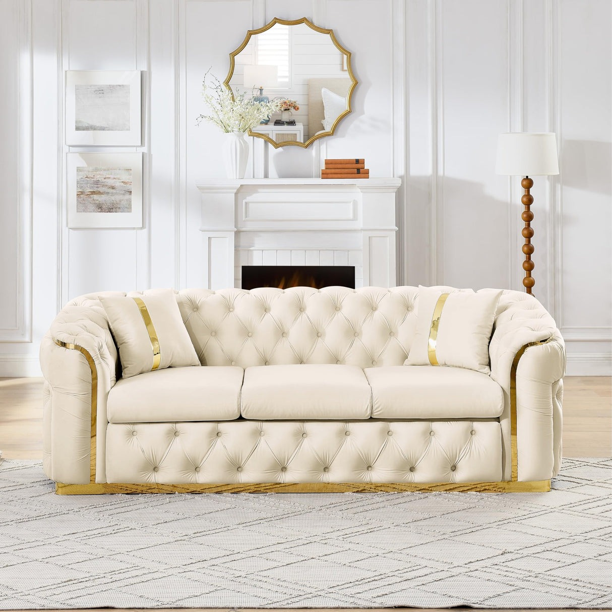 KEIKI 91" Luxury Oversized Velvet Chesterfield Sofa with Gold Stainless Steel Accents and 2 Pillows, Mid-Century Style 3-Seater Button Tufted Couch, Easy Assembly, for Apartment, Living Room, Beige KEIKI