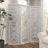 Deco 79 Wooden Floral Handmade Partition Room Divider Screen Hinged Foldable Partition 3 Panel Privacy Screen with Intricate Carved Design, Room Partition 60" x 1" x 69", White Deco 79