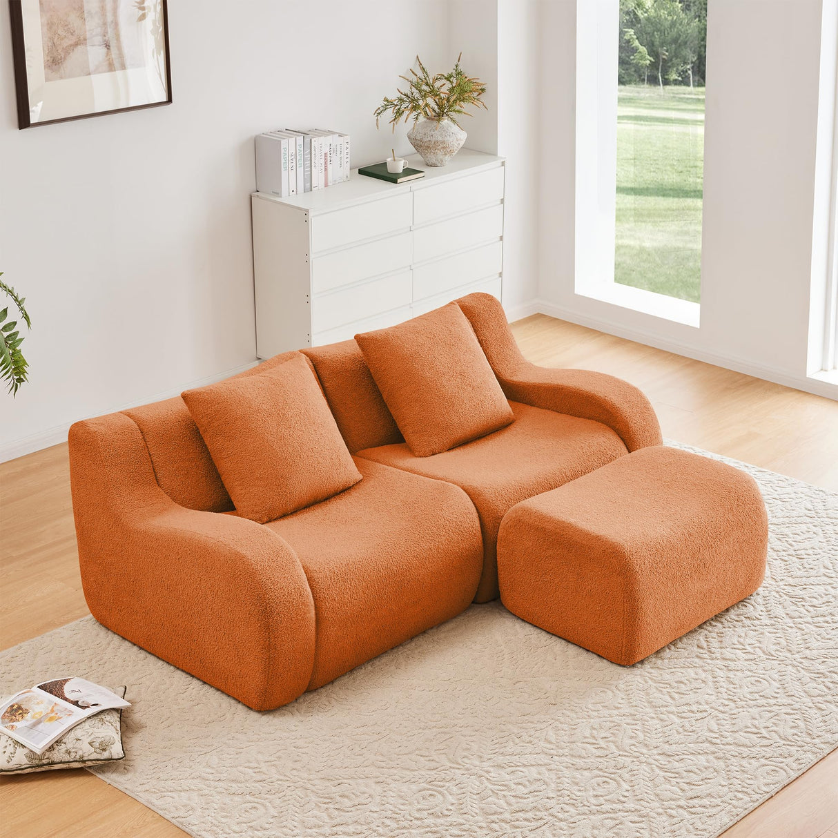 KEIKI 83" L-Shaped Teddy Modular Sectional Loveseat Sofa with 1 Ottoman & High-Density Foam Cushions & Curved Armrest & 2 Pillows, Streamlined Design Boneless 2-Seater Couch, for Living Room, Orange KEIKI
