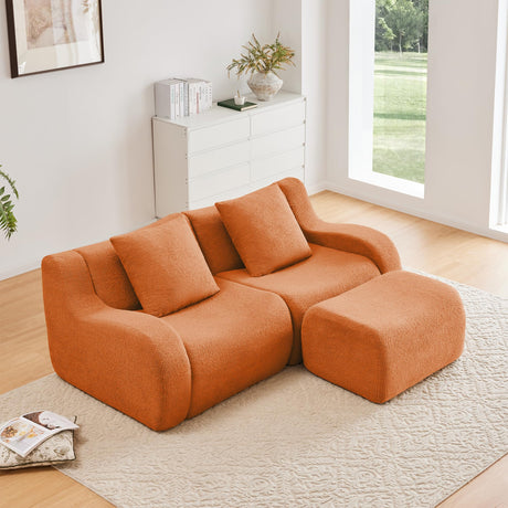 KEIKI 83" L-Shaped Teddy Modular Sectional Loveseat Sofa with 1 Ottoman & High-Density Foam Cushions & Curved Armrest & 2 Pillows, Streamlined Design Boneless 2-Seater Couch, for Living Room, Orange KEIKI