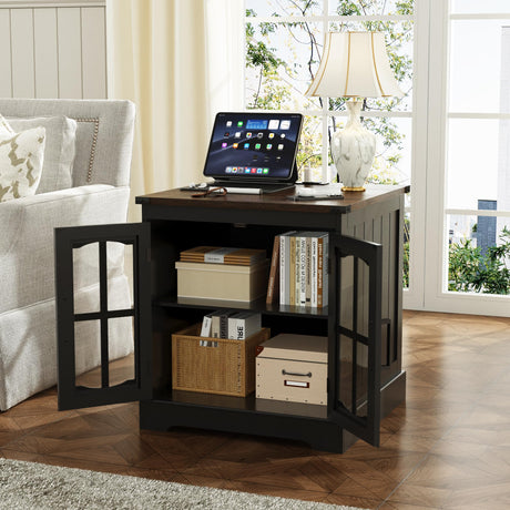 ChooChoo Rustic End Table, 24" Large Sofa Side Table with Charging Station & LED Light, Black Nightstand with Adjustable Storage Shelf, Square Bedside Table for Living Room, Bedroom, Office ChooChoo