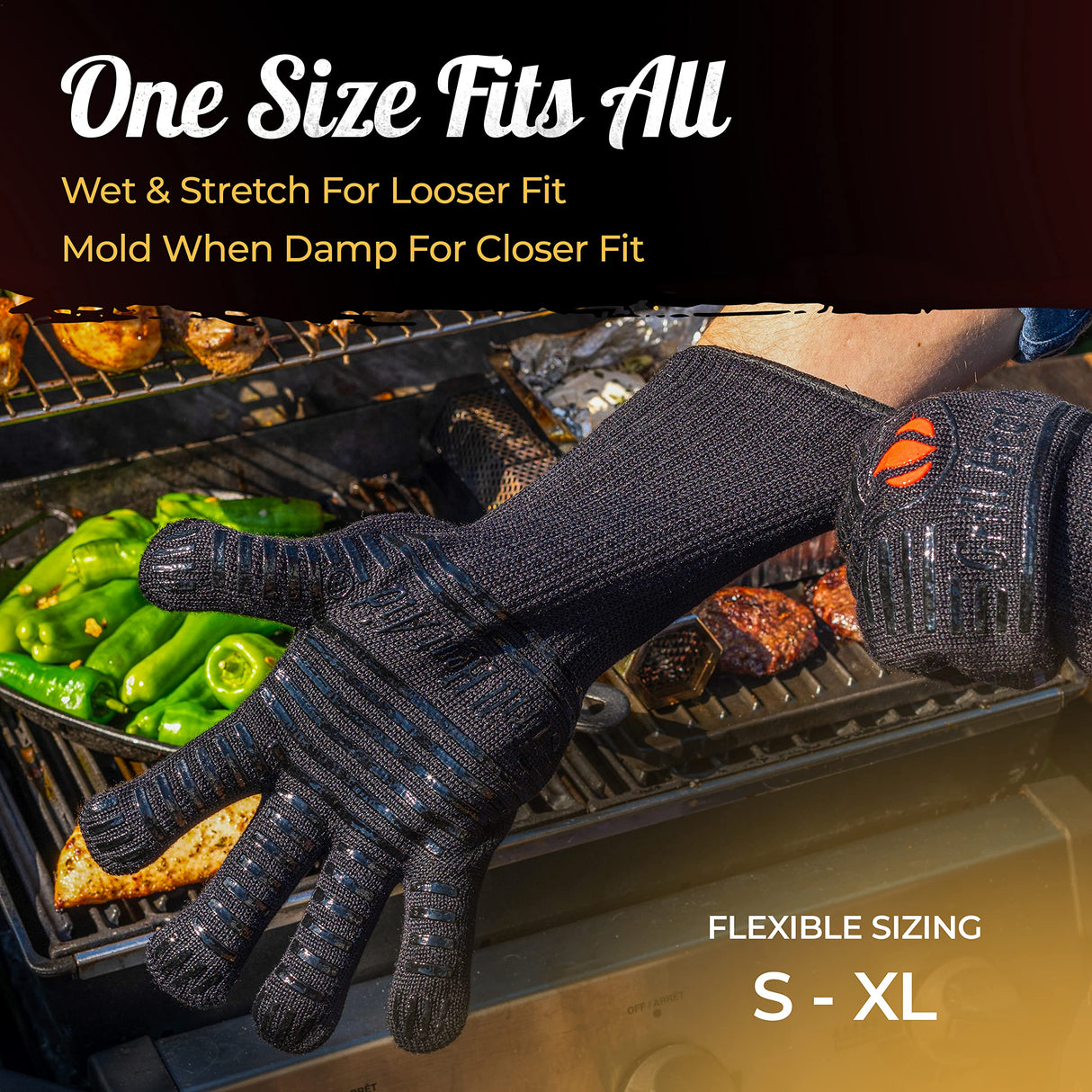 GRILL HEAT AID Premium BBQ Gloves - 1472°F Heat Resistant Gloves for Grilling, Longer Cuff Grill Gloves Heat Proof for Men, Oven Mitts for Baking, Pizza, Barbecue, Cast Iron, Fire Pit, Fireplace Grill Heat Aid