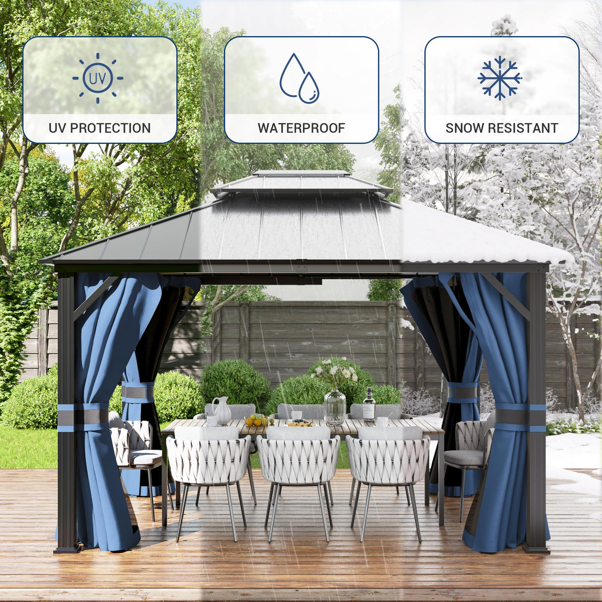 Amopatio 10' X 12' Hardtop Gazebo, Permanent Aluminum Gazebo with Galvanized Steel Double Roof, Outdoor Metal Gazebos with Curtain and Netting for Patio, Deck and Backyard, Blue Amopatio