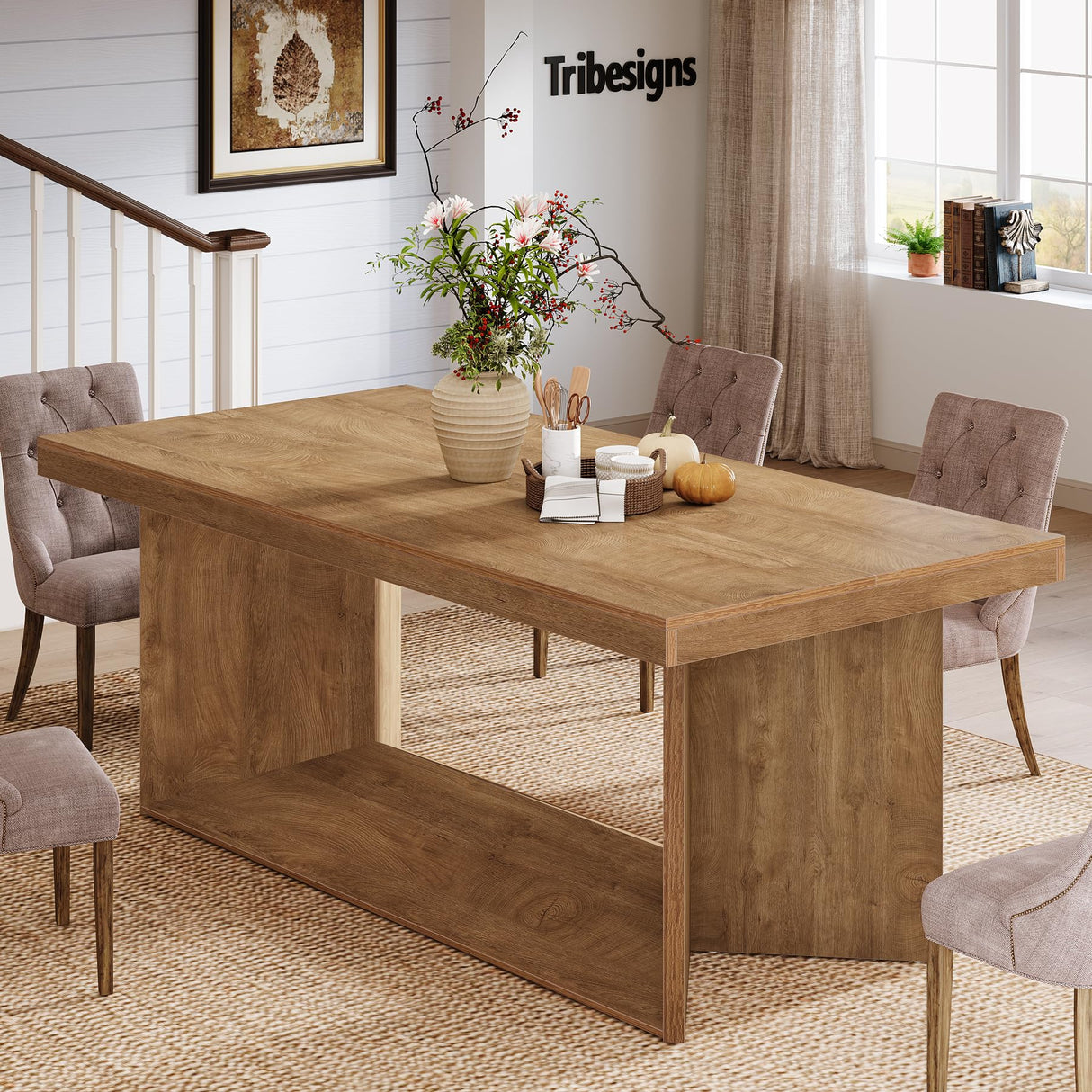 Tribesigns 63-Inch Dining Table for 4-6, Farmhouse Kitchen Table with Heavy Duty Pedestal, Rectangular Wooden Dinner Furniture for Home, Dining Room, Living Room, Brown Tribesigns