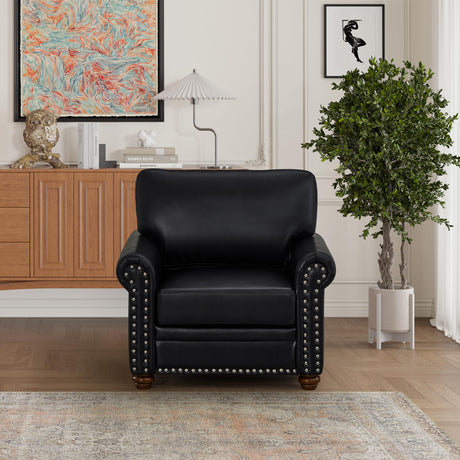 Lunanniu 35" Faux Leather Pu Armchair Classic Vegan Leather Accent Chair Elegance Single Seat with Rolled Armrests Nailhead Trim Wood Legs Traditional Living Room 1 Seat-Black Lunanniu