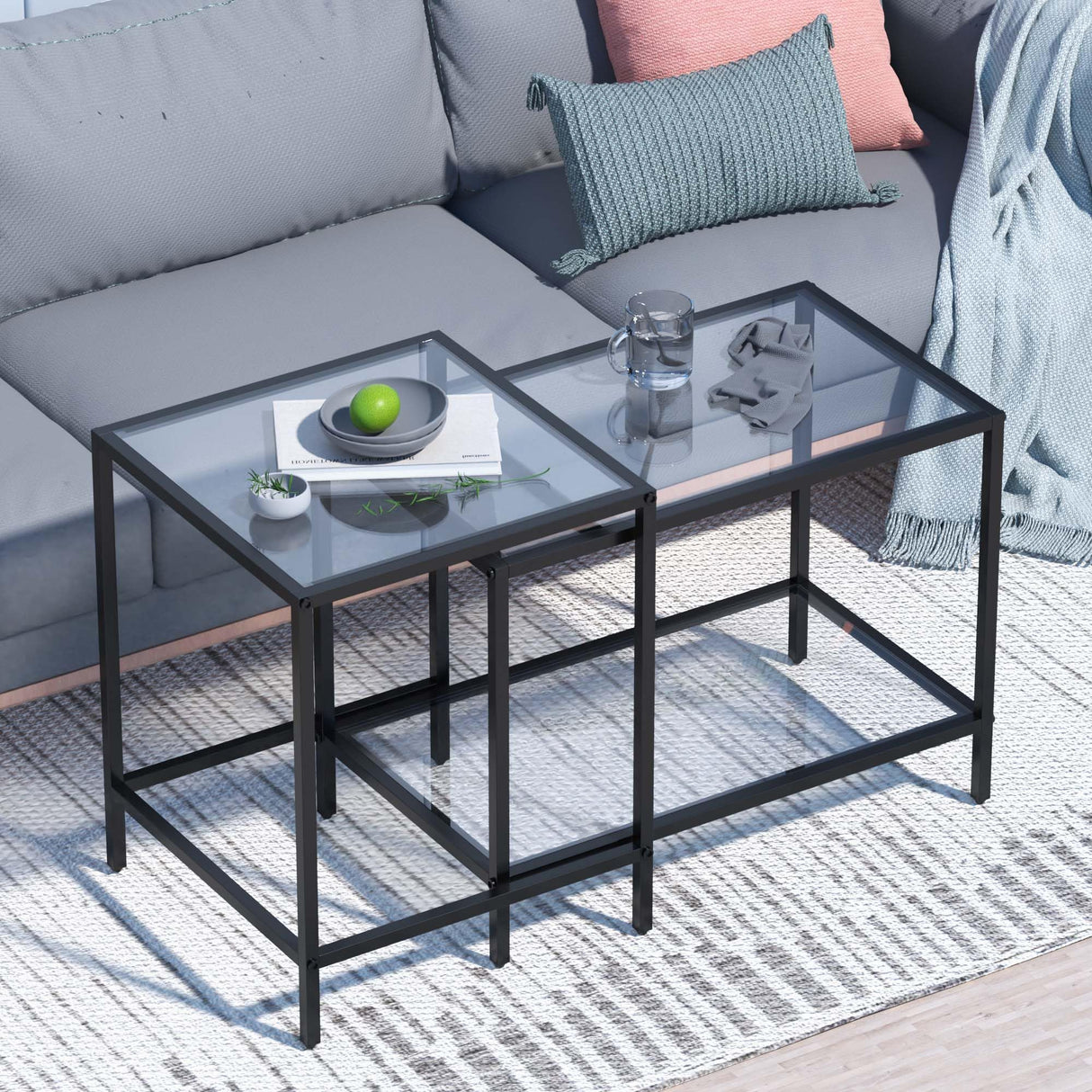 Nesting Coffee Table,Small Glass Coffee Table Set of 2,Black Modern Square Sofa Side Tea Table for Living Room,Bedroom and Small Spaces,2 Tier Tempered Glass with Sturdy Metal Frame, Easy Assembly Adompacat