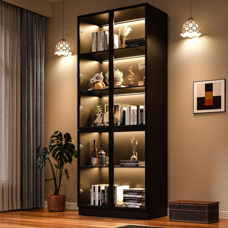 Jartoil Display Cabinet with Glass Doors & Lights, 5-Tier LED Storage Curio Cabinet, Trophy Display, Lighted Display Bookcase for Home Office, Black Jartoil