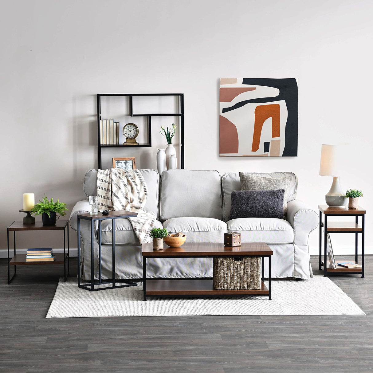 Household Essentials Jamestown Rectangular Coffee Table with Storage Shelf Mid Century Walnut Wood Grain and Black Metal Household Essentials
