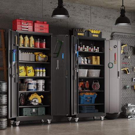 Aobabo 71" H×32" W×16" D Metal Storage Cabinet with Wheels, Garage Steel Storage Cabinet with 5 Adjustable Shelves and 4 Hooks for Home Office, Kitchen, Assembly Required, Black Aobabo