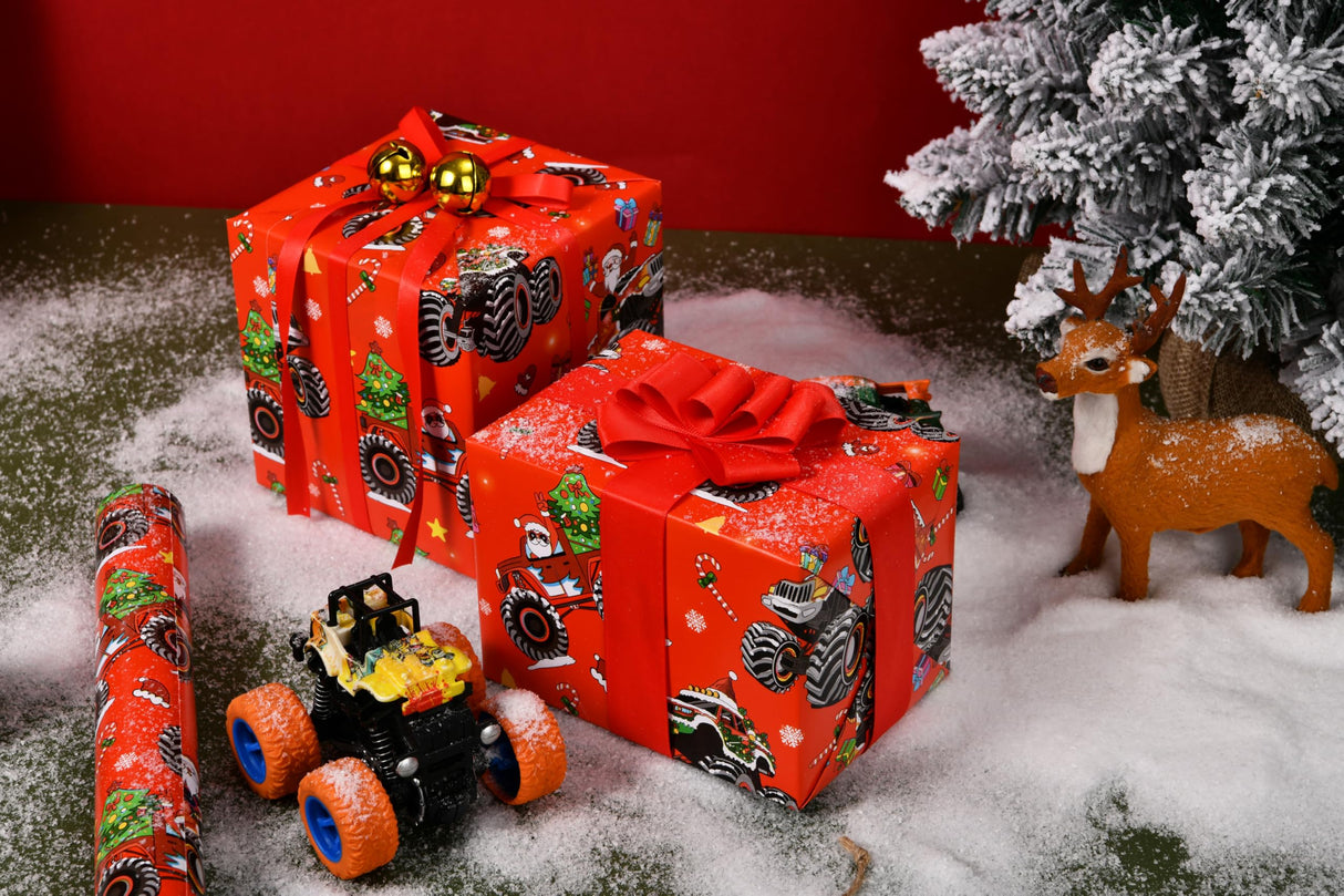 Titiweet Monster Truck Christmas Wrapping Paper - 17" x 16.4 ft - Monster Truck with Santa, Christmas Trees, Candy Canes Design for Kids Titiweet