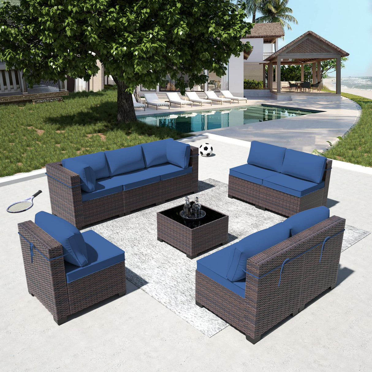 RTDTD Outdoor Patio Furniture Set, 9 Pieces Outdoor Furniture All Weather Patio Sectional Sofa PE Wicker Modular Conversation Sets with Coffee Table,8 Chairs & Seat Clips(Dark Blue) RTDTD