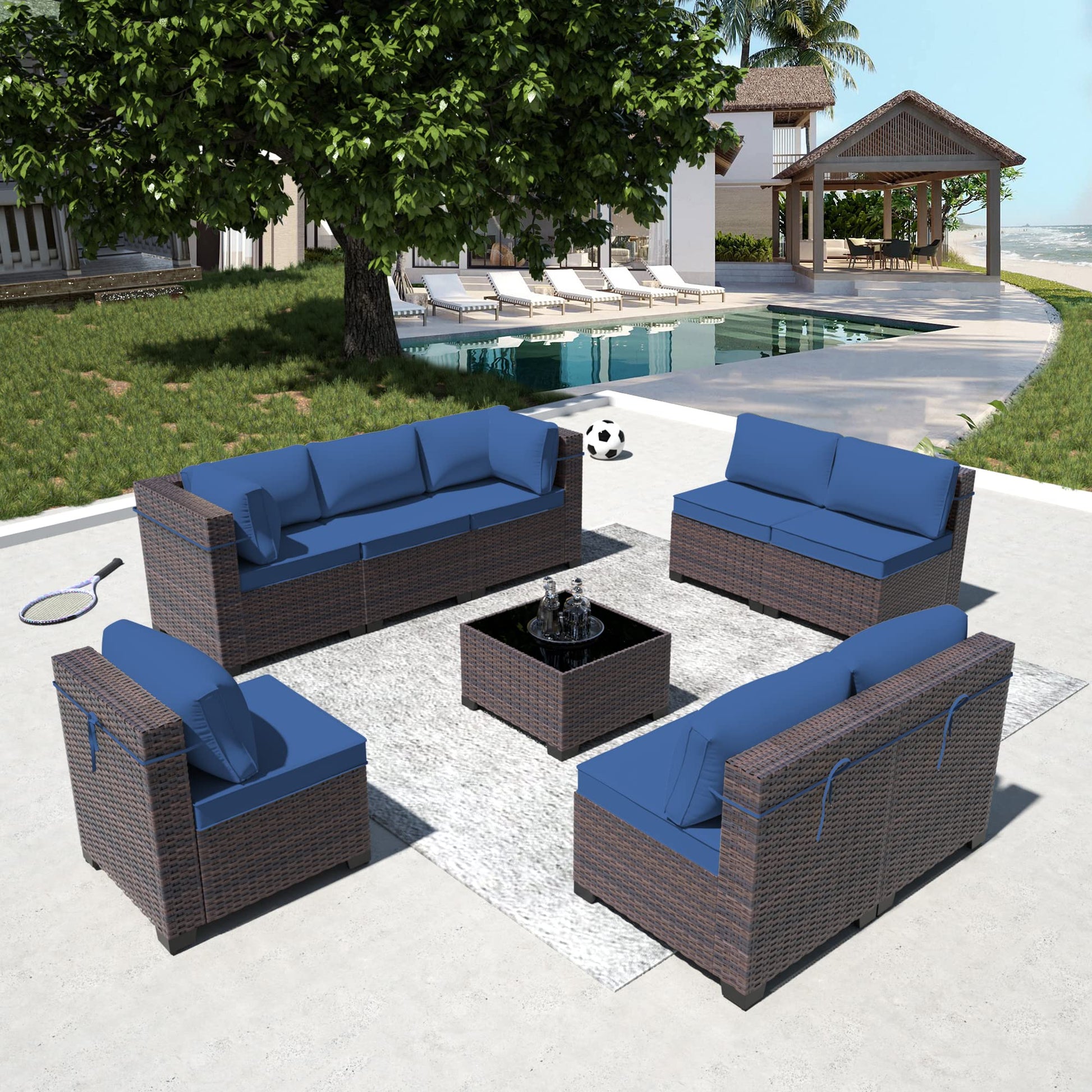 RTDTD Outdoor Patio Furniture Set, 9 Pieces Outdoor Furniture All Weather Patio Sectional Sofa PE Wicker Modular Conversation Sets with Coffee Table,8 Chairs & Seat Clips(Dark Blue) - WoodArtSupply