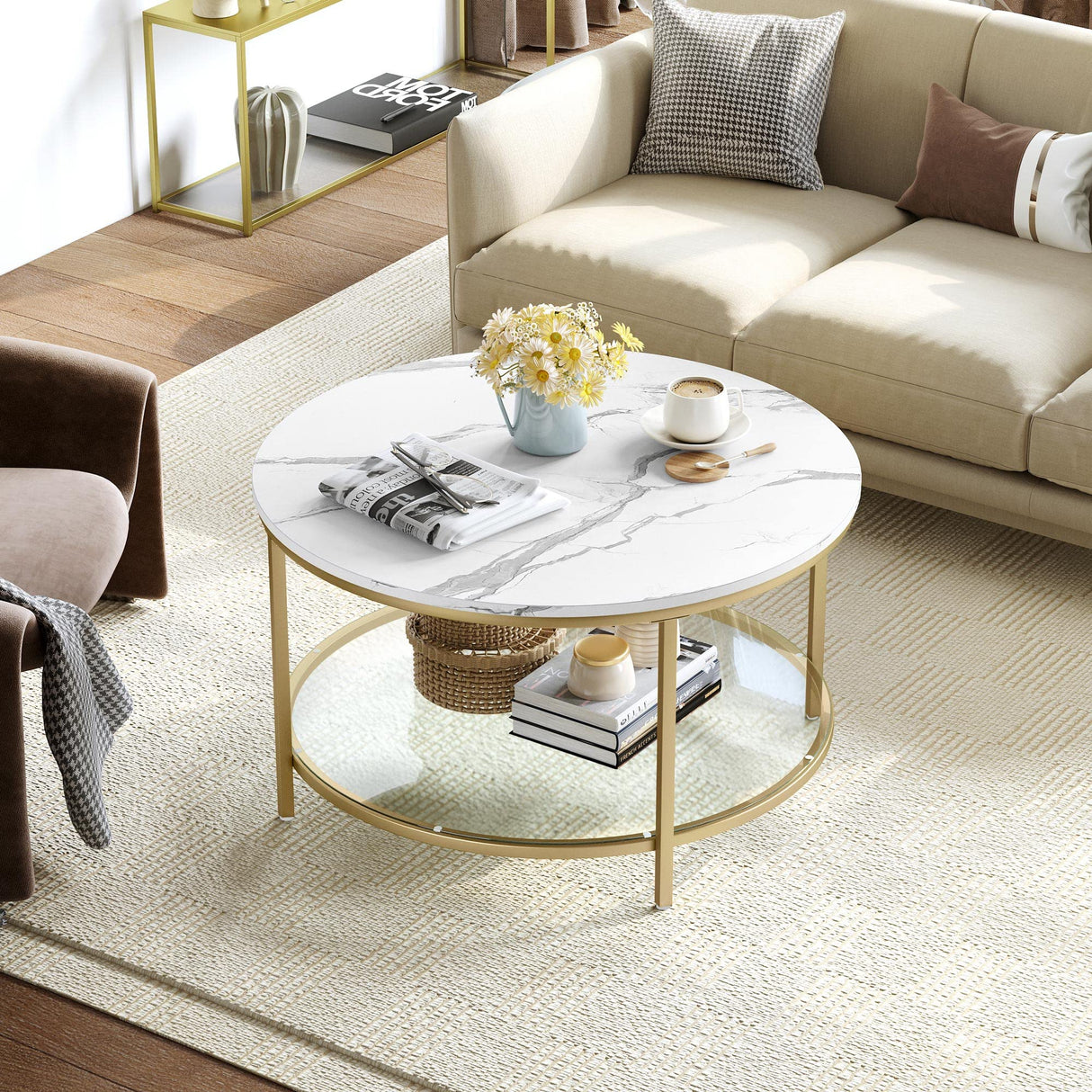 YITAHOME White Marble Round Coffee Table with Glass for Living Room, 2-Tier Circle Coffee Table with Storage Clear Coffee Table, Simple Modern Center Cocktail Table, White & Gold YITAHOME
