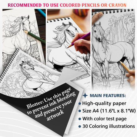 NETHOUSE Majestic Horse Spiral Coloring Book for Adult Relaxation & Stress Relief, 30 Coloring Pages of Elegant Horse Illustrations, Running Horse, Tail Art and Nature-Inspired Scenes, Detailed Mane NETHOUSE