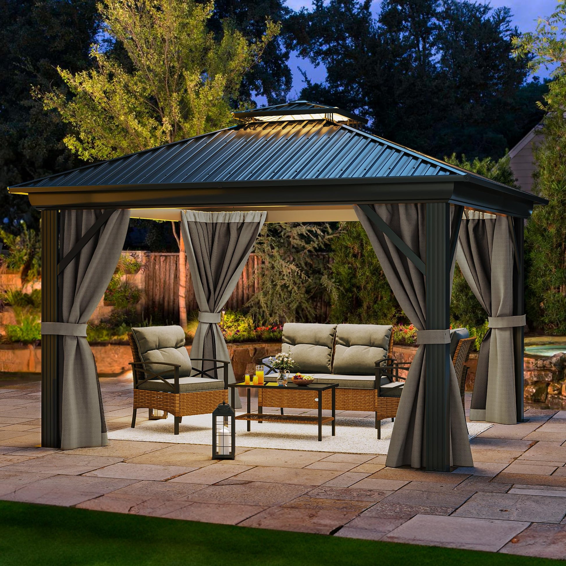 YITAHOME 12x12ft Hardtop Gazebo, Heavy Duty Double Roof Galvanized Steel Outdoor with Nettings and Curtains Combined of Vertical Stripes Roof for Patio, Backyard, Deck, Lawns, Gray - WoodArtSupply