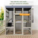 70" Wooden Catio Outdoor Cat Enclosure, Gray Extra Large Cat House for Multiple Cats with 2 Jumping Platforms & 2 Napping Houses, Movable Tarp Cover HarmonyHealth