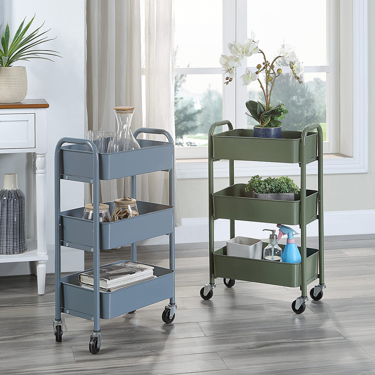 SunnyPoint 3-Tier Delicate Compact Rolling Metal Storage Organizer - Mobile Utility Cart Kitchen/Under Desk Cart with Caster Wheels (Army, Compact (15.5" X 26.8" X 10.27")) SunnyPoint