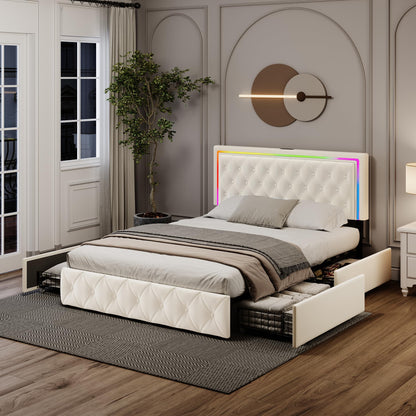 Elegant White Queen Bed Frame with LED Headboard, Storage Drawers, and Fast Charging Station - WoodArtSupply