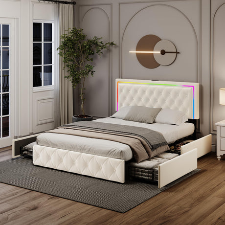 Elegant White Queen Bed Frame with LED Headboard, Storage Drawers, and Fast Charging Station XEPAMU