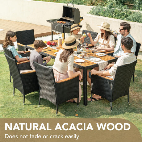 Devoko Outdoor Patio Dining Sets 9 Pieces Wicker Outdoor Dining Table and Chairs Set with Acacia Wood Table Top and Widened Armrests for Backyard, Garden, Deck (Black) Devoko