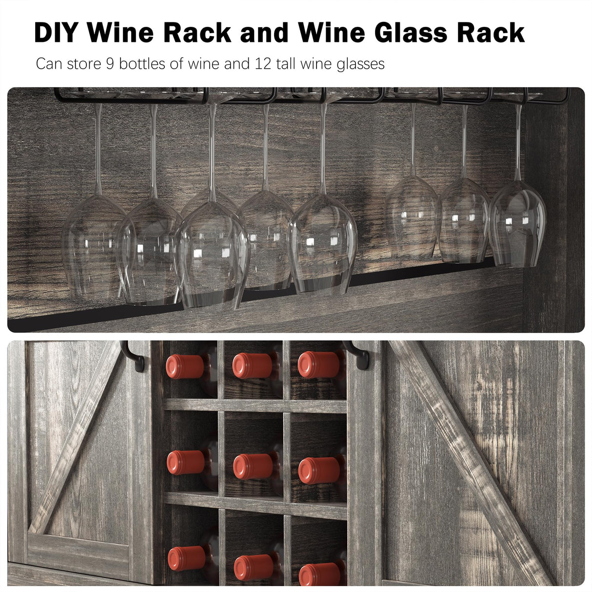 Farmhouse Coffee Bar Cabinet,72" Kitchen Hutch with Storage, Buffet Sideboard Cupboard with Adjustable Shelves, Sliding Barn Door, Wine & Glasses Rack for Kitchen, Dining Room, Dark Rustic Oak Redpick