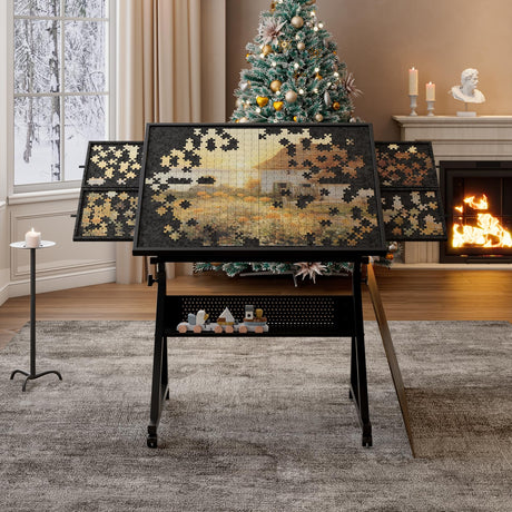 Roockky Height Adjustable Puzzle Tables for Adults with Drawers, 1500 Pieces Jigsaw Puzzle Table with Legs and Wheels, 0-75° Tilting Tabletop, Protective Cover and Storage Shelf, Black Roockky