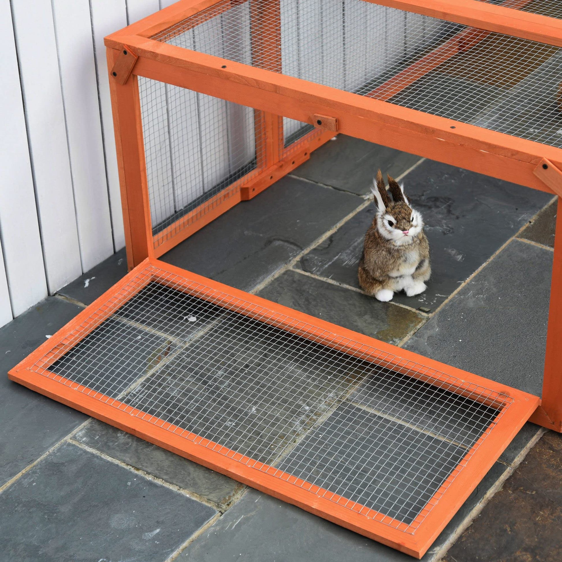 PawHut Large Wooden Rabbit Hutch Bunny Hutch Small Animal Habitat Enclosure Outdoor Run and Lockable Doors, Natural - WoodArtSupply