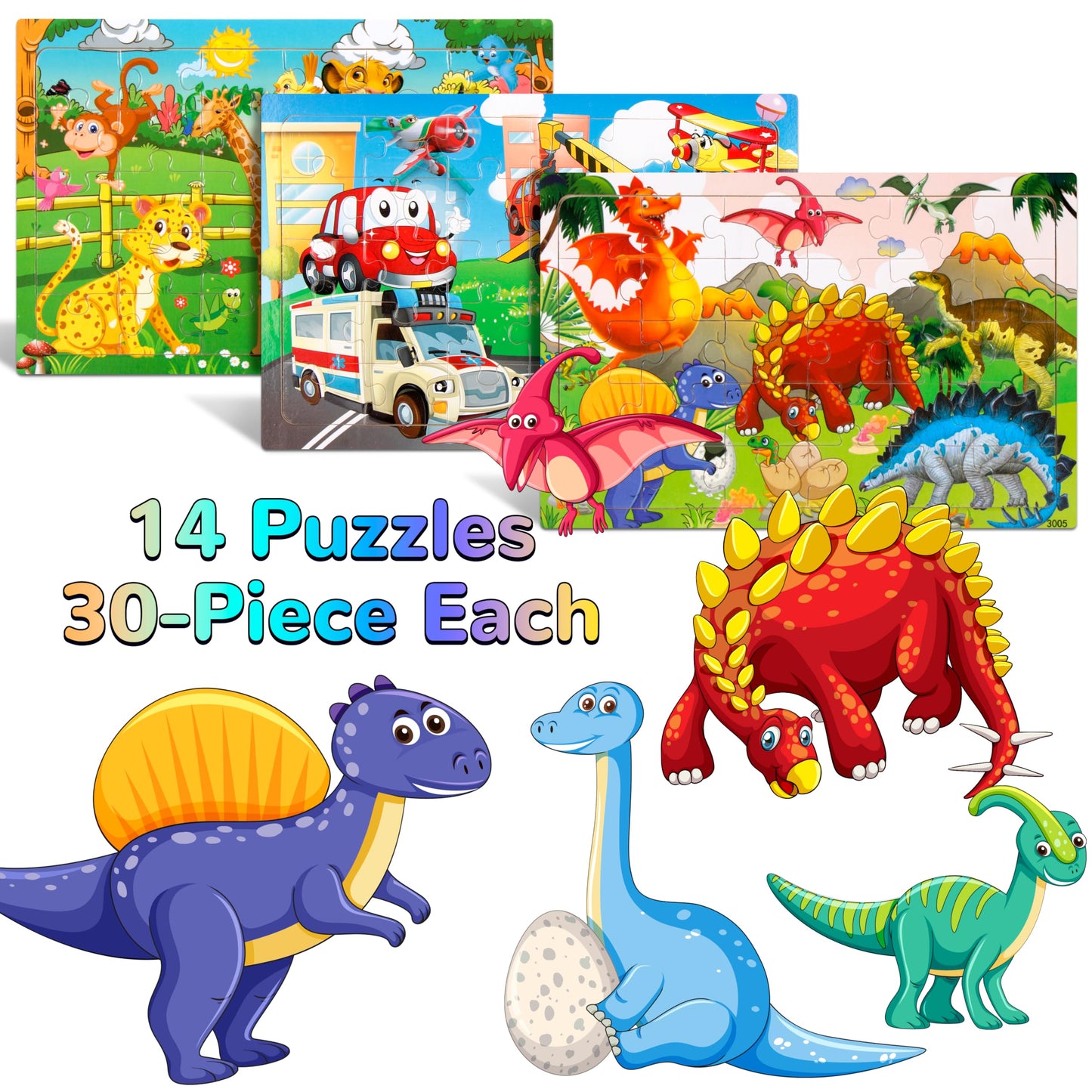 Puzzles for Kids Ages 4-8, 14 Pack Wooden Jigsaw Puzzles 30 Pieces Preschool Educational Learning Toys Set for Toddler Boys and Girls Stocking Stuffers