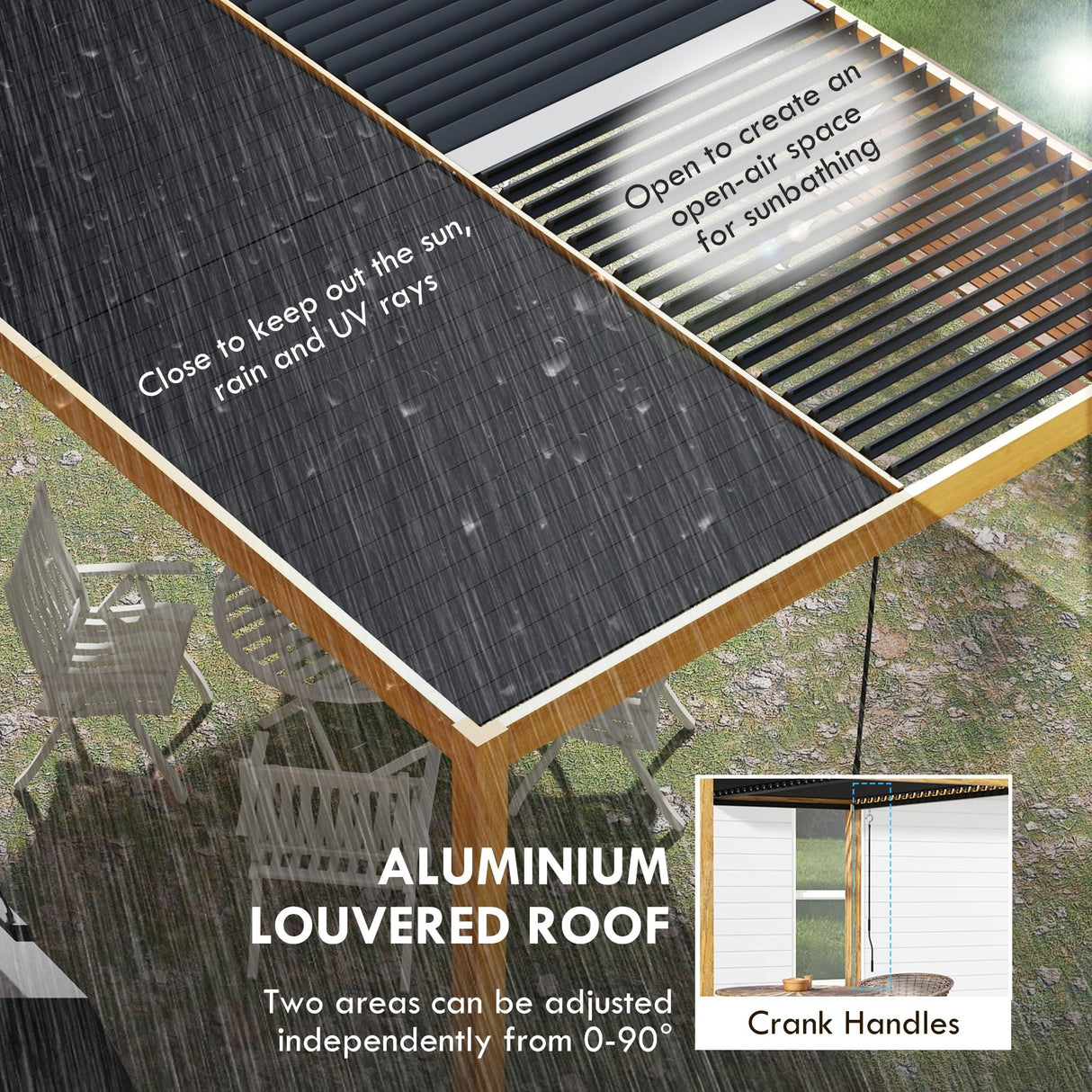 Outsunny 10' x 13' Louvered Pergola, Aluminum Outdoor Pergola with Adjustable Roof, Hardtop Gazebo for Patio, Deck, Garden, Yard, Beach, Black Roof and Natural Frame Outsunny