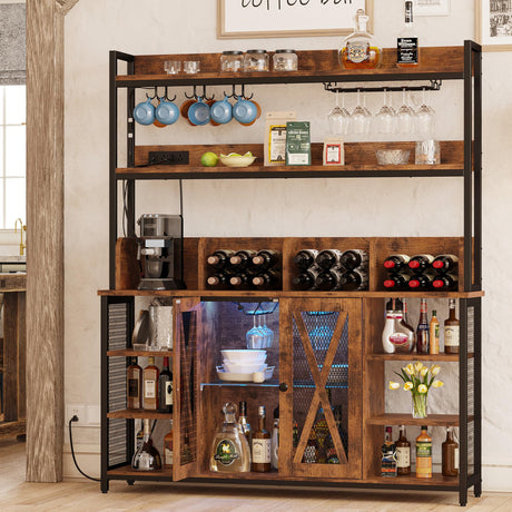 IRONCK Coffee Bar Cabinet with Power Outlet, Industrial Buffet Cabinet with LED Strip and Glass Holder, 3-Tiers Liquor Cabinet Bar for Home, Dining Room, Kitchen, Vintage Brown IRONCK
