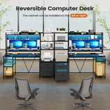 Gaming Desk with Hutch, 65in Reversible Computer Desk with Power Outlets LED Light, Home Office Desk with Monitor Stand 2 Drawers 4 Storage Shelves Pegboard 8 Hooks Mouse Pad(Carbon Fiber Black) UPOSOJA