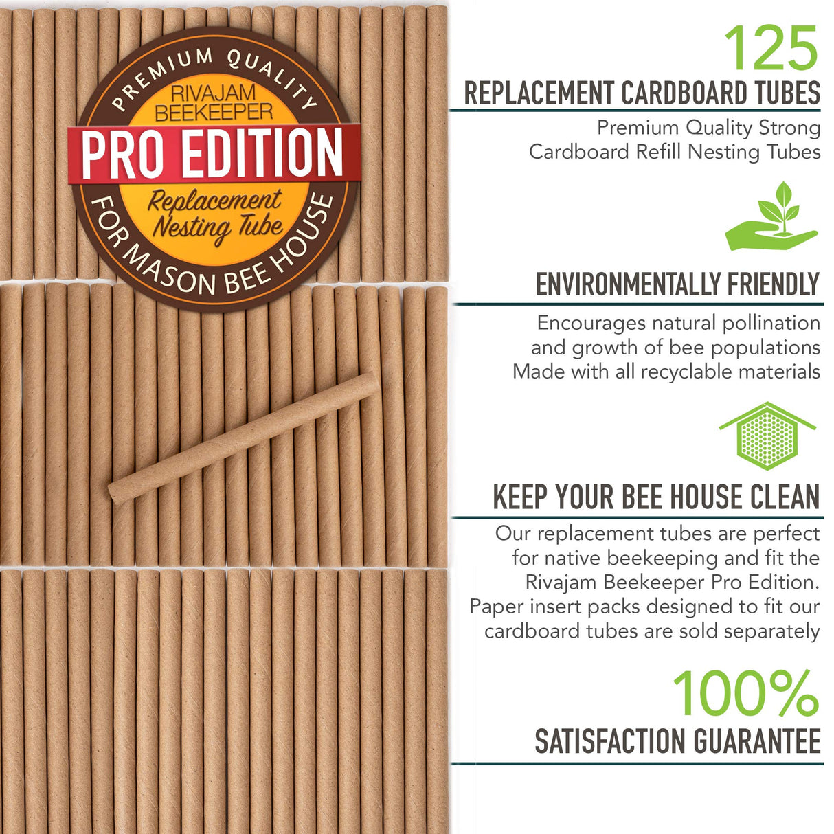 Rivajam 125 Mason Bee House Cardboard Nest Tubes Refill Pack | Solitary Bee Hive & Supplies | Starter Kit & Habitat Garden Gift | Hotels Tubes & Nest Box Inserts Liners Rivajam