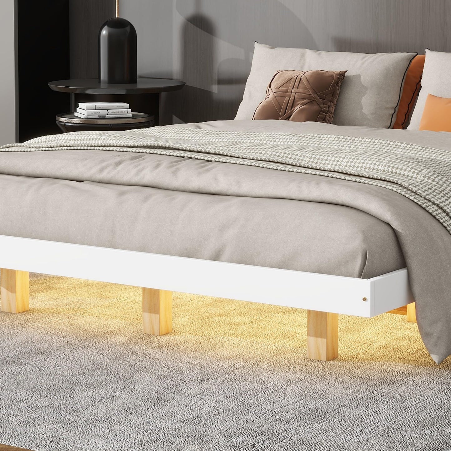 Zaboro Queen Size Floating Bed with LED Lights in White - Modern Low Profile Platform Design, No Box Spring Required - WoodArtSupply