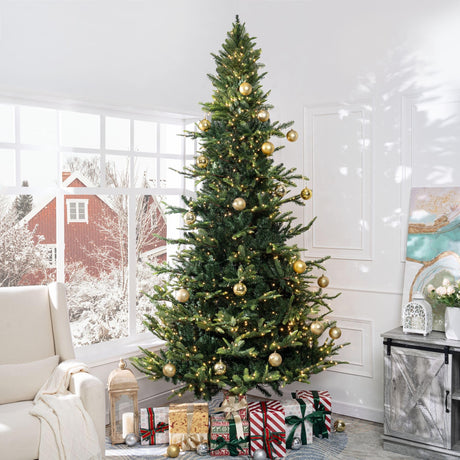 Naomi Home 9ft Nordic Christmas Tree with Lights, Realistic Charming Christmas Tree Prelit with 2106 Branch Tips, 1100 Warm Lights and Metal Stand, Aritificial Christmas Tree Naomi Home